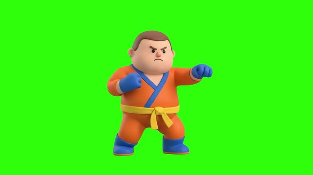 A determined 3D animated chubby martial artist character in an orange kimono suit and yellow belt standing in a fighting stance on a chroma key green background. Perfect for martial arts games, karate