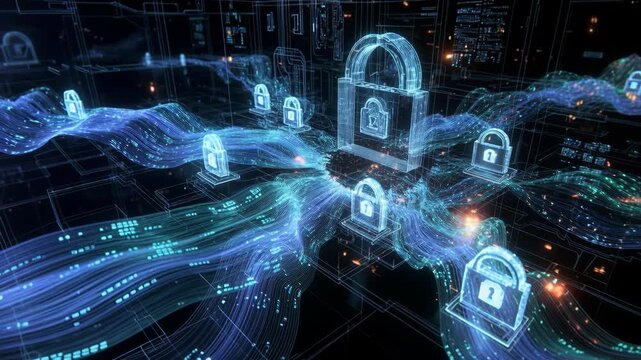 Glowing padlocks and flowing data lines in digital style on a dark background, symbolizing privacy and secure networks