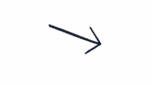 Minimal hand drawn arrow pointing down right animation on black and white background. 4K