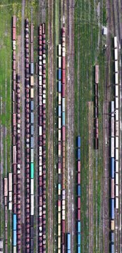 Aerial view of freight train cars in a railway yard, Georgia.