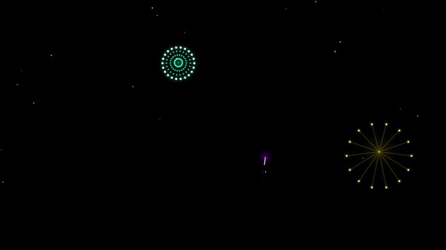 Digital fireworks animation with glowing colorful light patterns on black background