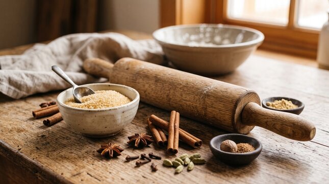 Baking ingredients and tools including brown sugar, cinnamon sticks, star anise, cardamom, nutmeg, and a rolling pin on a wooden table vector illustration