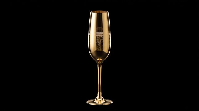 Elegant golden champagne flute filled with bubbly champagne and isolated on a black background vector illustration