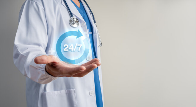 Healthcare professional presents glowing always service symbol. Continuous patient care, medical support, healthcare accessibility, remote assistance and always-available clinical services concept.