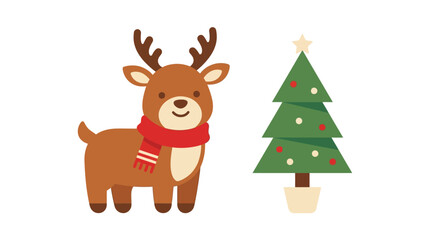 Fototapeta premium Cute Reindeer with Red Scarf and Decorative Christmas Tree Flat Vector Illustration