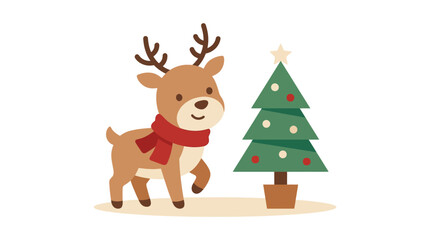 Naklejka premium Cute Cartoon Reindeer Standing Next to a Decorated Christmas Tree Illustration