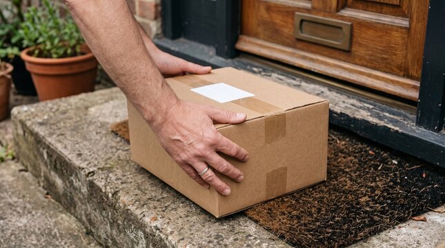 Hands placing a cardboard delivery package on a doorstep next to a wooden door vector illustration