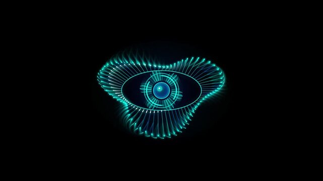 Futuristic Glowing Cybernetic Eye Animation on Black Background
