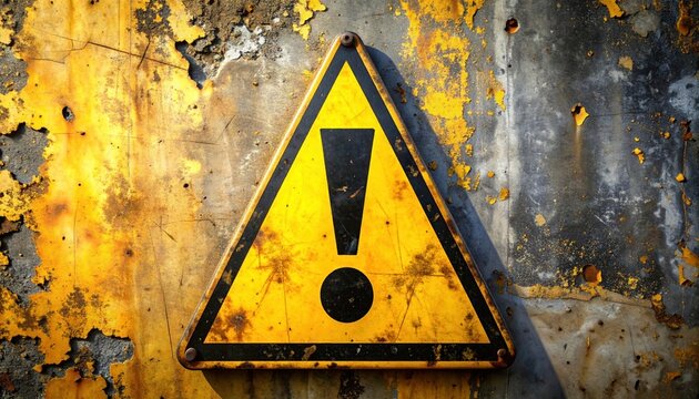 Yellow triangular warning sign with black exclamation mark, safety alert concept