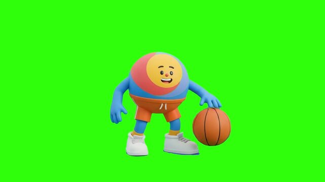 A cute 3D animated colorful spherical character dribbling a basketball on a chroma key green background. Ideal for sports app games, basketball promos, athletic mascots, kids animations, and keyable v