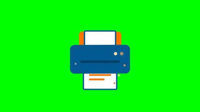2D Cartoon Printer Animation Printing Blank White Paper Document on Green Screen Chroma Key Background