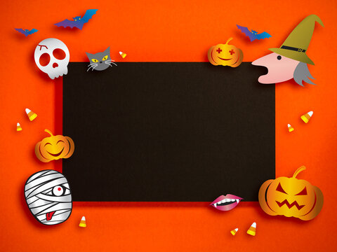Playful Halloween paper decorations surround a large black central area, creating festive promotional background for event announcements, party invitations, seasonal advertising and holiday marketing.