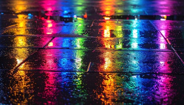 Rainbow-colored lights reflecting on wet city pavement during rainy weather