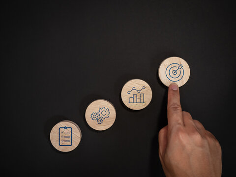 Hand reaches the final target in sequence of planning, operations and performance icons, illustrating strategic execution, process improvement, business growth and successful goal achievement concept.
