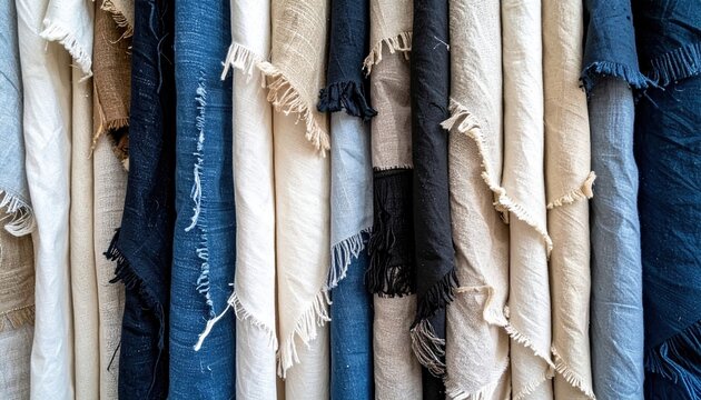 Assorted fabric swatches in blue, beige, black, and white with frayed edges for textile design