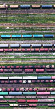 Aerial view of freight train cars in a railway yard, Georgia.