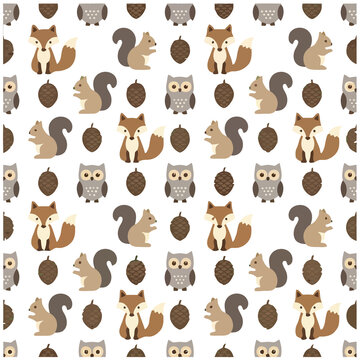 Woodland animals and pinecones seamless pattern