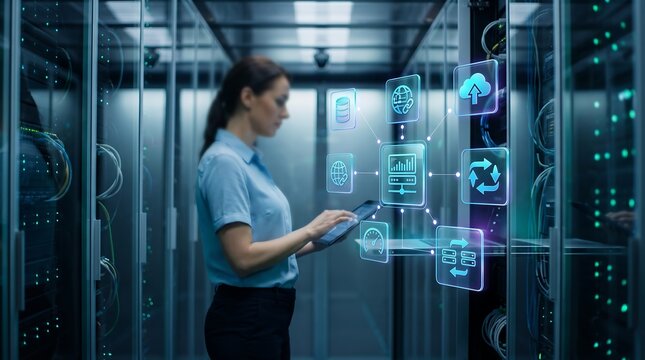 Professional data center technician monitoring global cloud connectivity and server system health using complex holographic interface in modern secure server room facility