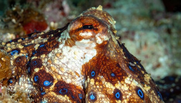 Blue-ringed octopus with vivid coloration and detailed skin texture, marine biology wildlife