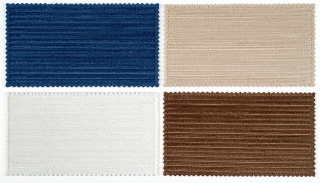 Four rectangular corduroy fabric patches in blue, white, beige, and brown with frayed edges for textile design