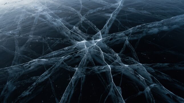 Stunning abstract view of geometric ice cracks radiating from a central point on the dark surface of a frozen lake