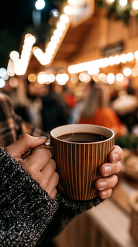 Hands cradle a warm mug of coffee amid glowing bokeh lights at a festive night market, capturing cozy seasonal warmth and holiday atmosphere.