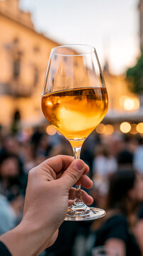 Hand holding a glowing orange aperitivo spritz raised in a toast against warm golden evening light, capturing a lively mediterranean social atmosphere.