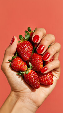 Hand with glossy red manicured nails grips a bunch of fresh strawberries against a vivid coral background, bold macro detail for vibrant fruit-beauty appeal.
