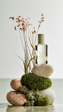 Transparent unbranded serum bottle nestled among smooth river stones and green moss, capturing a refined eco-luxury natural skincare aesthetic.