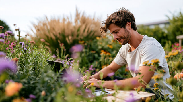 Man working on a laptop at a wooden table surrounded by blooming wildflowers, capturing calm sustainable outdoor work and slow living.
