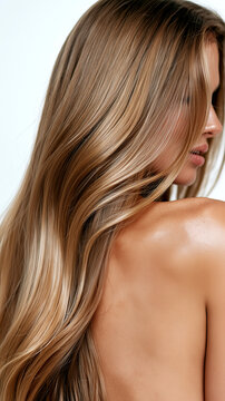 Woman with long silky hydrated hair looks over shoulder, luminous highlights and smooth texture, editorial haircare beauty concept.