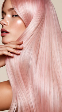 Woman touching long sleek rose gold hair, healthy glossy shine and silky strands in trendy pastel dye color haircare beauty closeup.