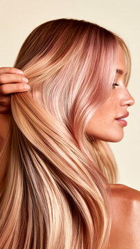 Woman touching long silky pink and rose-gold toned hair, showcasing vibrant color, shine and haircare for tinted or dyed hair campaigns.