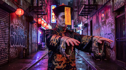 Obraz premium Person dressed as a traditional Chinese jiangshi - hopping vampire - in elaborate costume and talisman, pale makeup, striking pose under neon lights in a graffiti lined urban alley at night