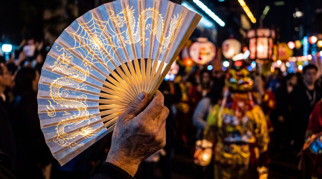 Person's hand holding a glowing traditional paper fan with a dragon and spiderweb design, illuminating the intricate pattern during a vibrant night street festival in Asia
