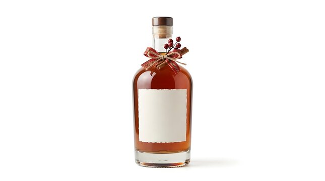 A bottle of rose wine with a decorative ribbon tied around the neck on a white background