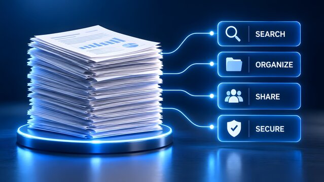 Stack of paper reports with printed charts on glowing pedestal connected to digital interface buttons for search organize share and secure