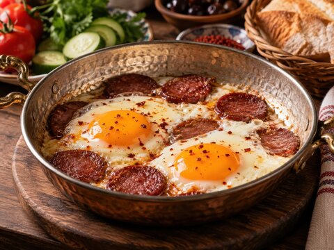 Sucuklu Yumurta mit Spiegeleiern und w&uuml;rziger Sucuk in traditioneller Kupferpfanne, angerichtet mit t&uuml;rkischen Fr&uuml;hst&uuml;cksbeilagen. Kr&auml;ftige t&uuml;rkische Spezialit&auml;t f&uuml;r ein herzhaftes Fr&uuml;hst&uuml;ck.