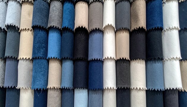Assorted fabric swatches in blue, beige, black, and white with frayed edges for textile design
