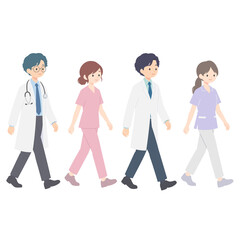Obraz premium 医療チームのイラスト。医師、看護師、薬剤師、歯科衛生士が並んで立つフラットベクターイラスト。白衣やスクラブを着た多様な医療従事者たちが歩いている。病院やクリニックのスタッフをイメージしたキャラクターセット。