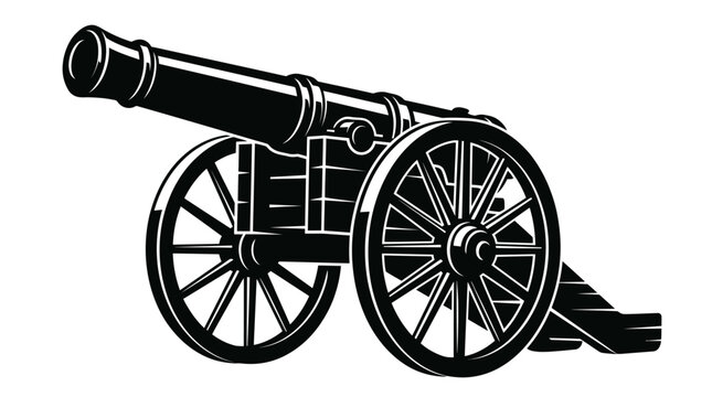 Vintage military cannon black vector illustration isolated on white background, antique field artillery icon
