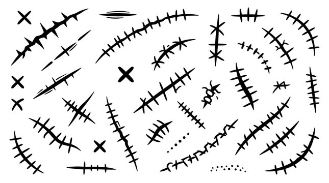 Hand drawn stitches and scar marks collection isolated on white background, surgical wound vector set