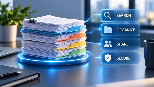 Office paper document stack on glowing pedestal connected to digital interface buttons for search organize share and secure