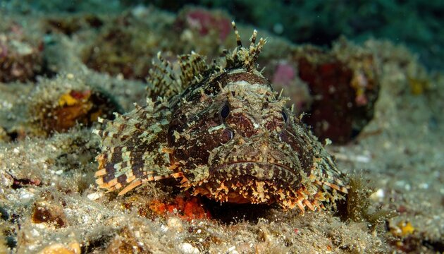 Stonefish with textured skin and sharp dorsal fins, detailed marine wildlife photography