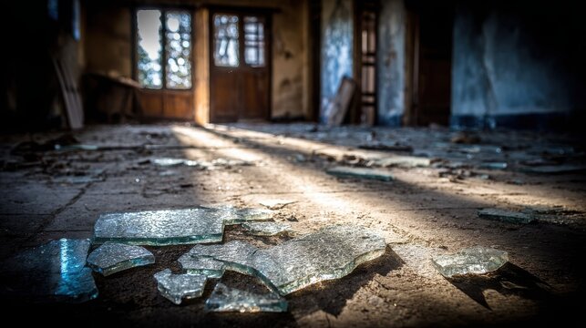 Broken Glass Shards Scattered Across the Dusty Floor of an Abandoned Room with Sunlight Streaming Through