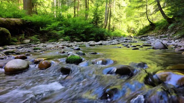 A scenic wide view of a clear forest river flowing through smooth river stones and mossy rocks under a bright, lush sunlit forest canopy.
