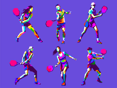 Collection of vibrant vector illustrations of padel tennis players in various action poses in WPAP pop art style featuring colorful geometric designs.