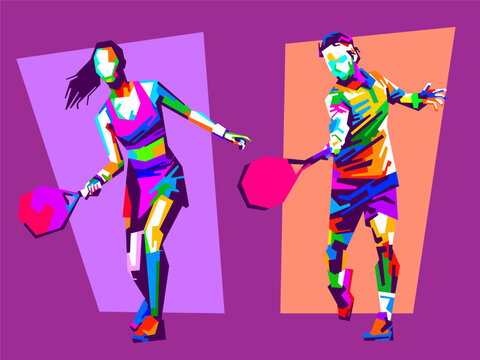Vibrant vector illustration set of mixed doubles padel tennis players in action in WPAP pop art style with colorful geometric shapes.
