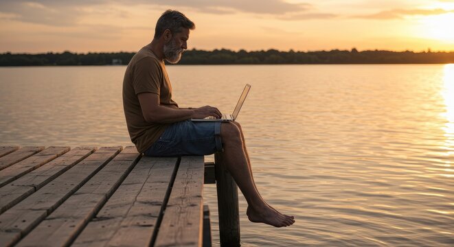 Man relaxing with laptop on dock at sunset overlooking serene body of water