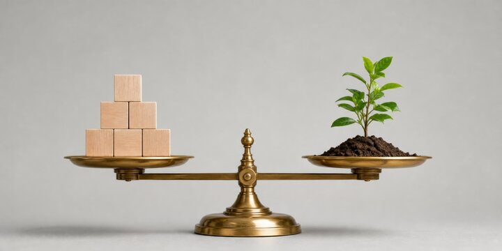 environmental policy climate change regulation. A balance scale compares stacked wooden blocks on one side to a small plant growing in soil on the other side.